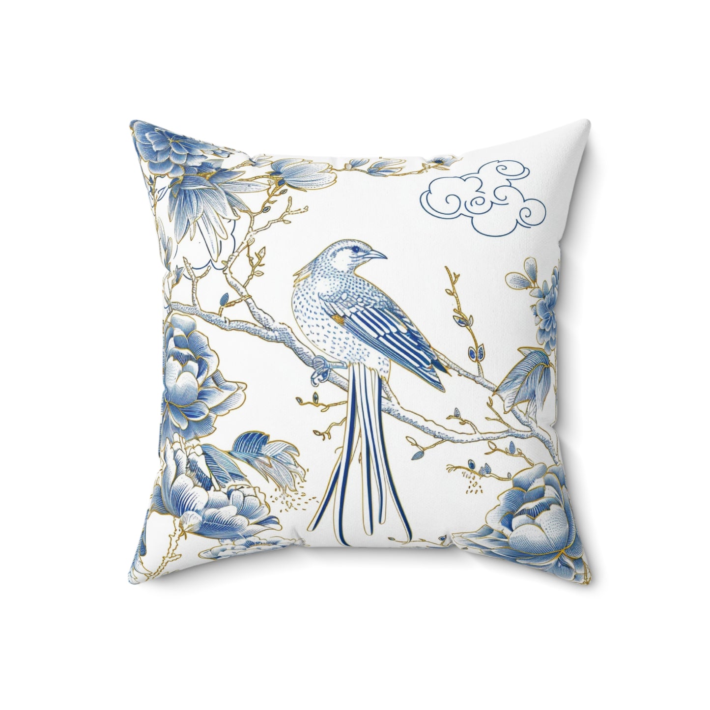 Blue and Gold Bird Chinoiserie | Custom Spun Polyester Square Pillow | Stylish Double-Sided Home Décor Accent for a Personalized Touch