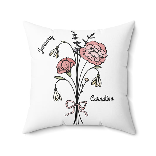 January Carnation Birth Flower - Custom Spun Polyester Square Pillow – Stylish Double-Sided Home Décor Accent for a Personalized Touch