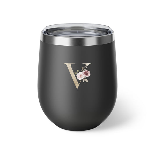 Letter V - Personalized Elegant Pink Rose Copper Vacuum Insulated Cup, 12 oz – Perfect for Weddings