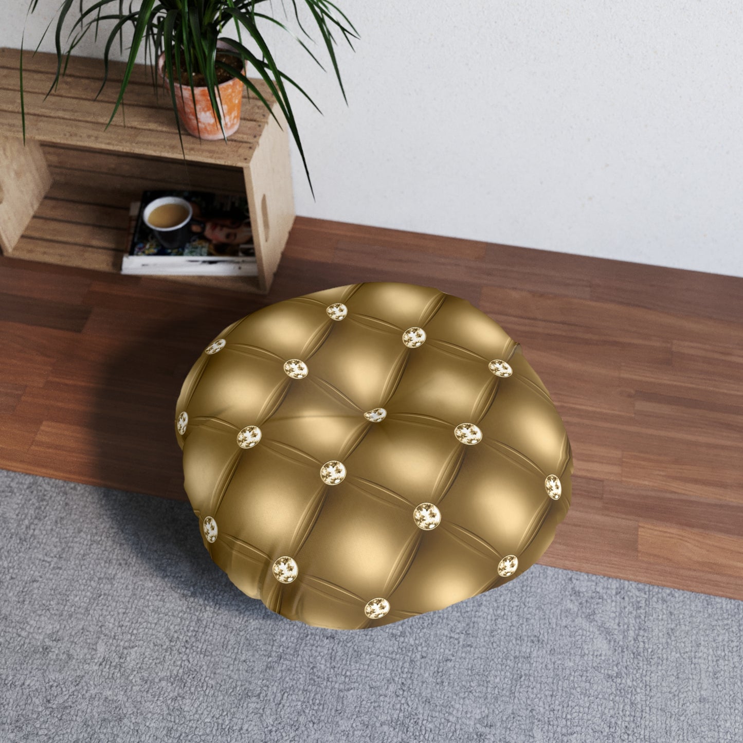 Gilded Royale | Golden Tufted Round Pillow with Jewel Accents | Opulent Statement for Luxurious Interiors