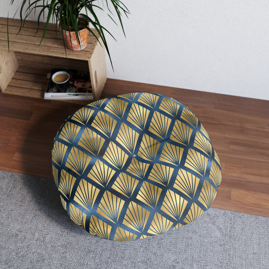 Art Deco Elegance | Gold & Blue Tufted Round Pillow | Timeless Glamour with Geometric Luxe Design