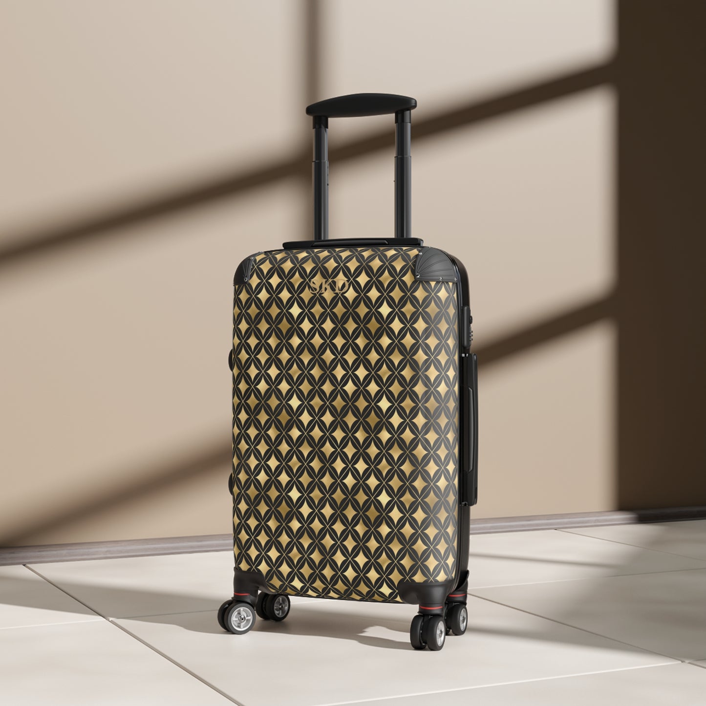 Prestige Legacy | Black & Gold Diamond Pattern Suitcase with Built-In Lock and Durable Protection | Luxurious and Enduring Travel, Lightweight Carry-On, Vacation Essential