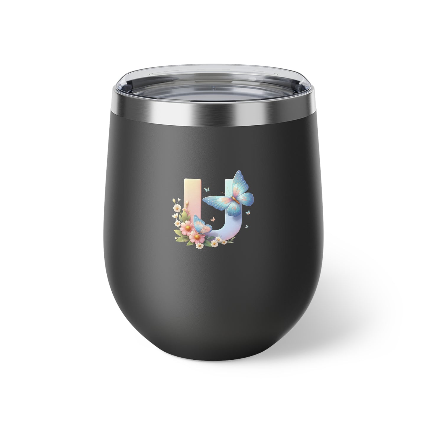 Letter U - Personalized Whimsical Butterfly Copper Vacuum Insulated Cup, 12 oz – Perfect for Weddings