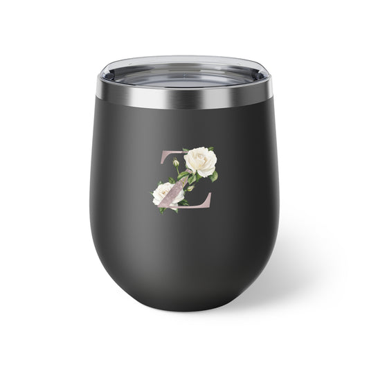 Letter Z - Personalized Romantic White Rose Copper Vacuum Insulated Cup, 12 oz – Perfect for Weddings