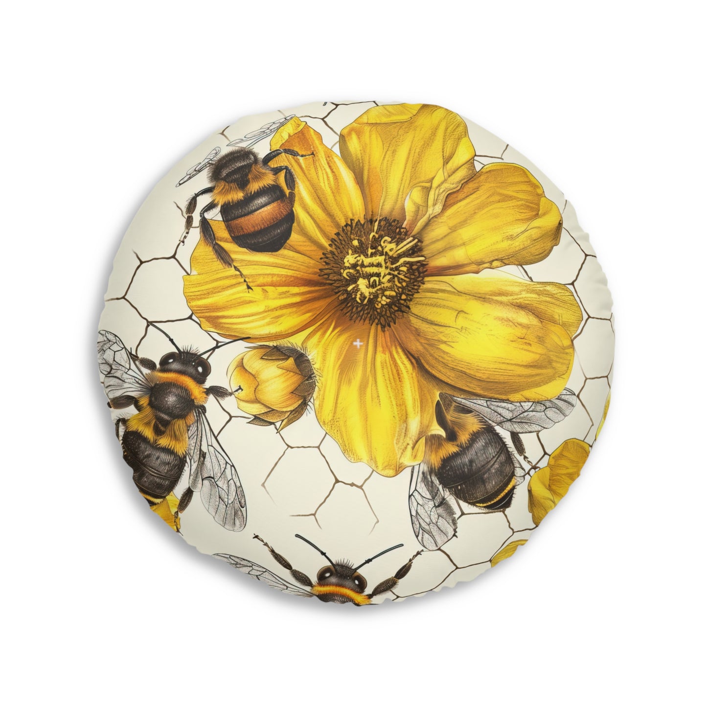 Golden Honeybee Round Tufted Floor Pillow | Nature-Inspired Elegance Meets Plush Comfort