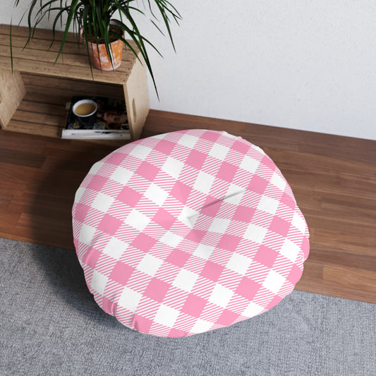 Pink Gingham Round Tufted Floor Pillow | Sweet Vintage Style Meets Plush Comfort