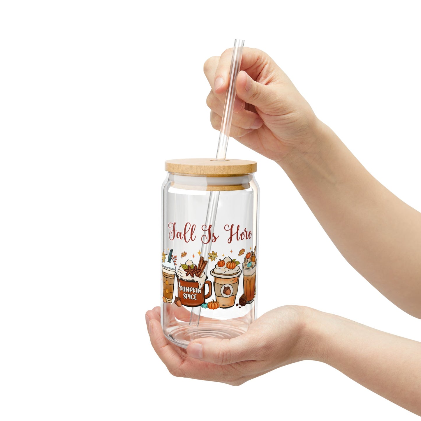 'Fall Is Here' | 16oz Custom Sipper Glass with Bamboo Lid & Straw – Perfect for Sweet Treats and Family Parties