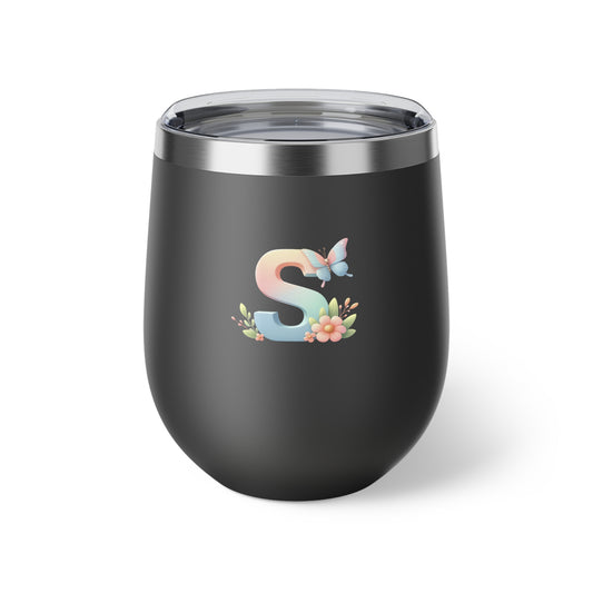 Letter S - Personalized Whimsical Butterfly Copper Vacuum Insulated Cup, 12 oz – Perfect for Weddings
