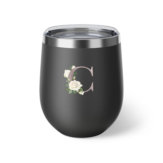 Letter C - Personalized Romantic White Rose Copper Vacuum Insulated Cup, 12 oz – Perfect for Weddings