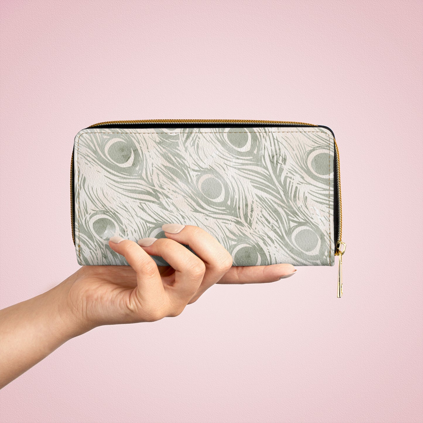 Vault Exclusive: Snowy Plume | Sage & Cream Peacock Feather-Patterned Zipper Wallet | Pristine Beauty for Winter & Bridal Occasions