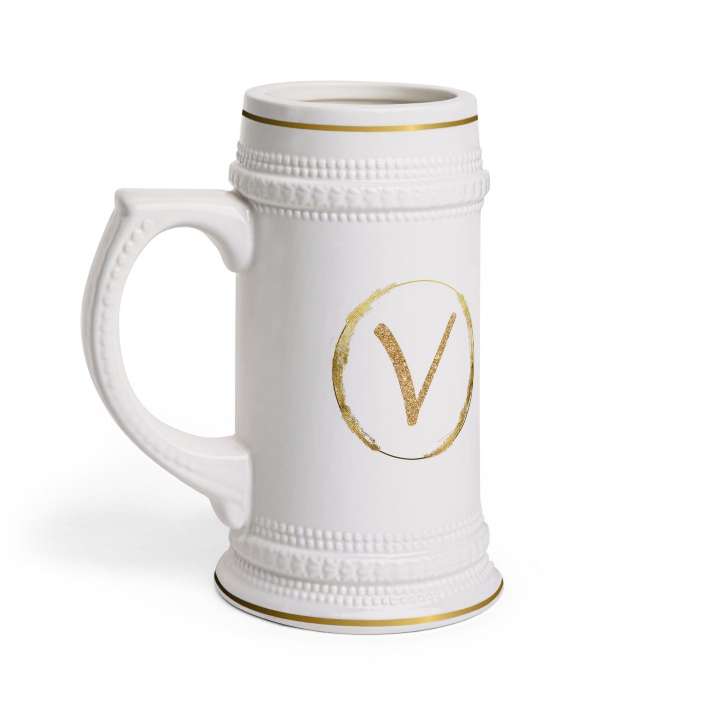 Letter V - Personalized Beer Stein Mug – Custom Initial Ceramic Stein with Gold Accents | Perfect Gift for Beer Lovers