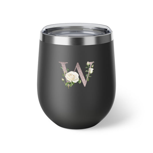 Letter W - Personalized Romantic White Rose Copper Vacuum Insulated Cup, 12 oz – Perfect for Weddings
