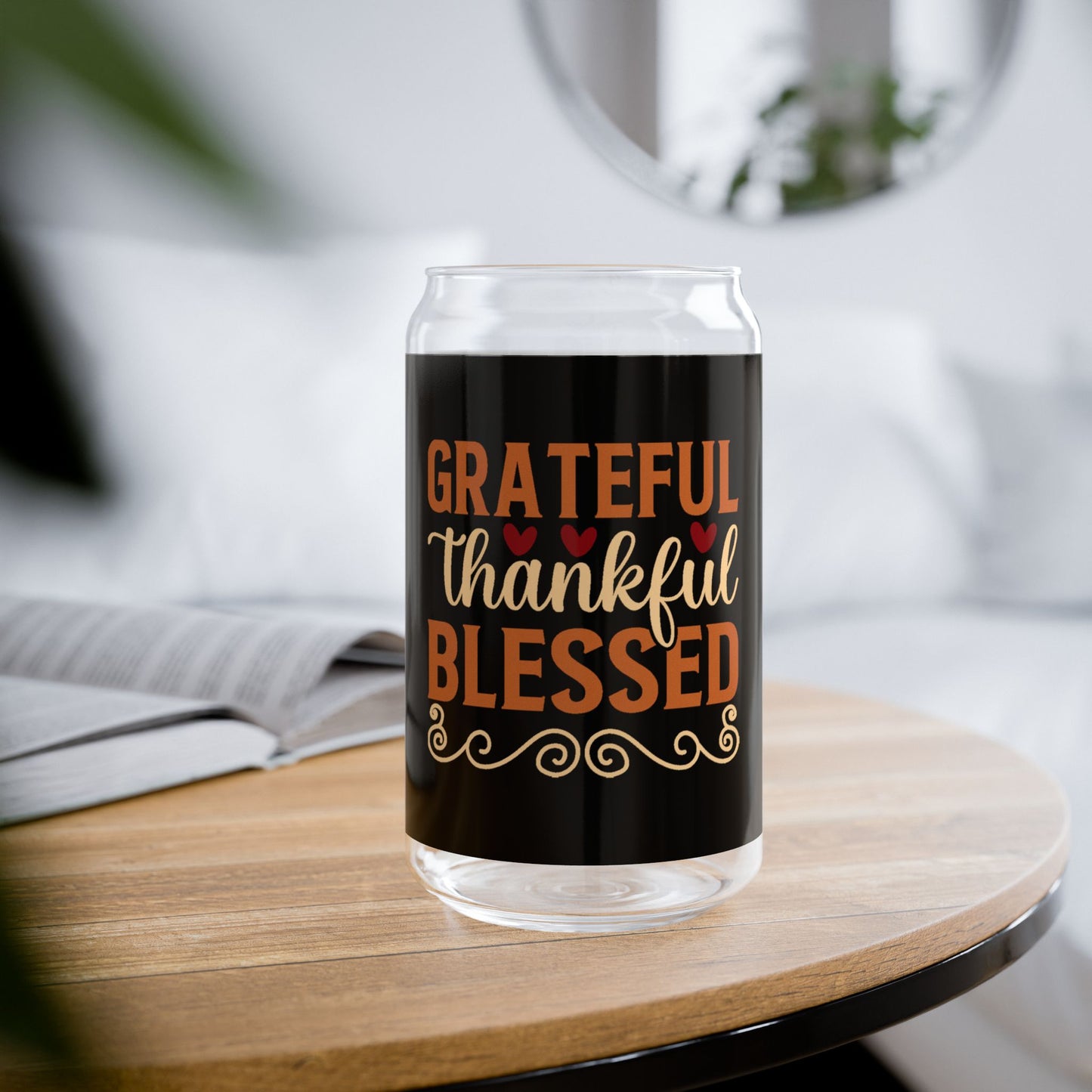 "Grateful Thankful Blessed" | 16oz Custom Sipper Glass with Bamboo Lid & Straw – Perfect for Sweet Treats and Family Parties