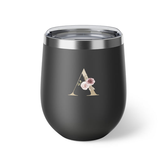 Letter A - Personalized Elegant Pink Rose Copper Vacuum Insulated Cup, 12 oz – Perfect for Weddings