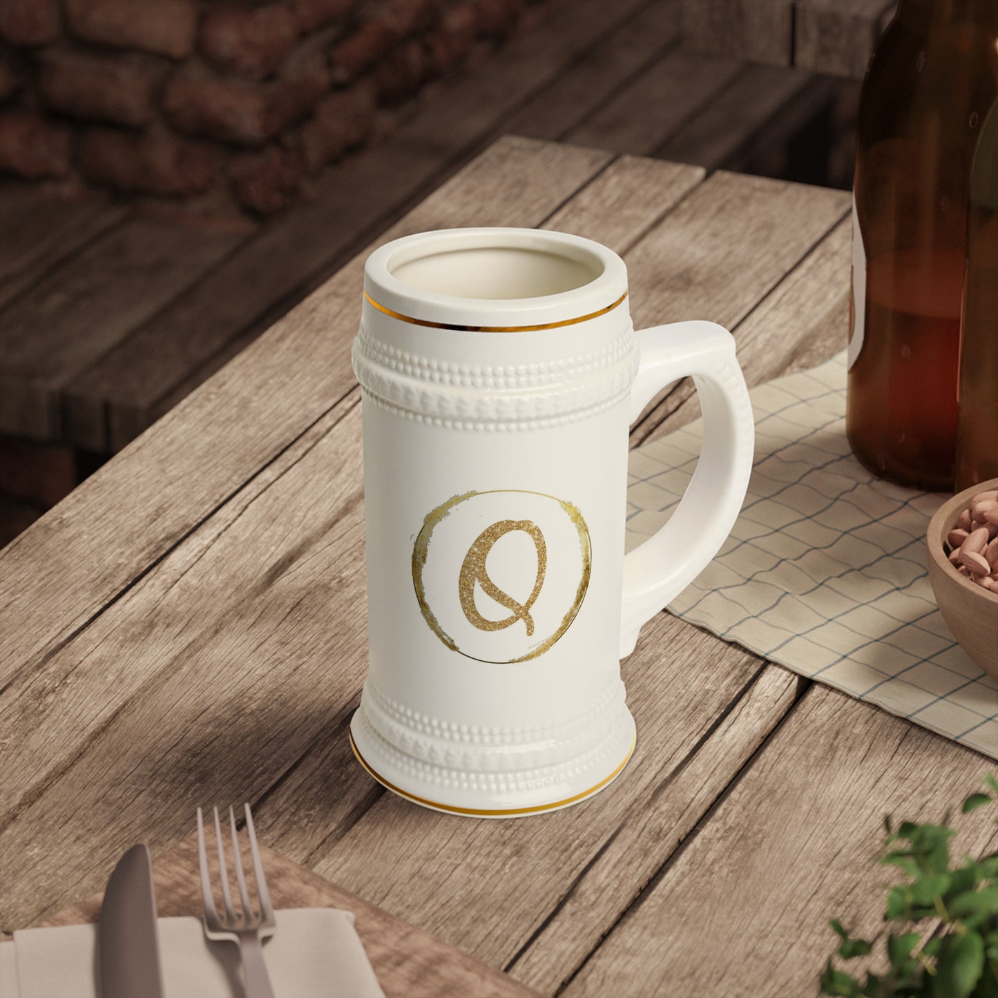 Letter Q - Personalized Beer Stein Mug – Custom Initial Ceramic Stein with Gold Accents | Perfect Gift for Beer Lovers