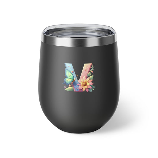 Letter V - Personalized Whimsical Butterfly Copper Vacuum Insulated Cup, 12 oz – Perfect for Weddings