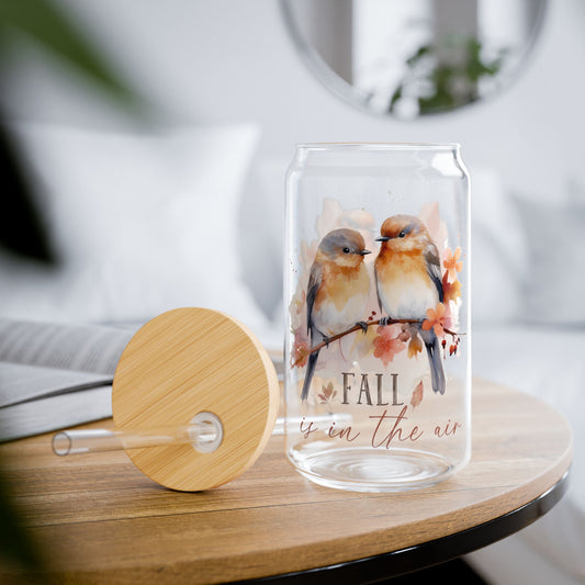 'Fall Is In The Air' | 16oz Custom Sipper Glass with Bamboo Lid & Straw – Perfect for Sweet Treats and Family Parties