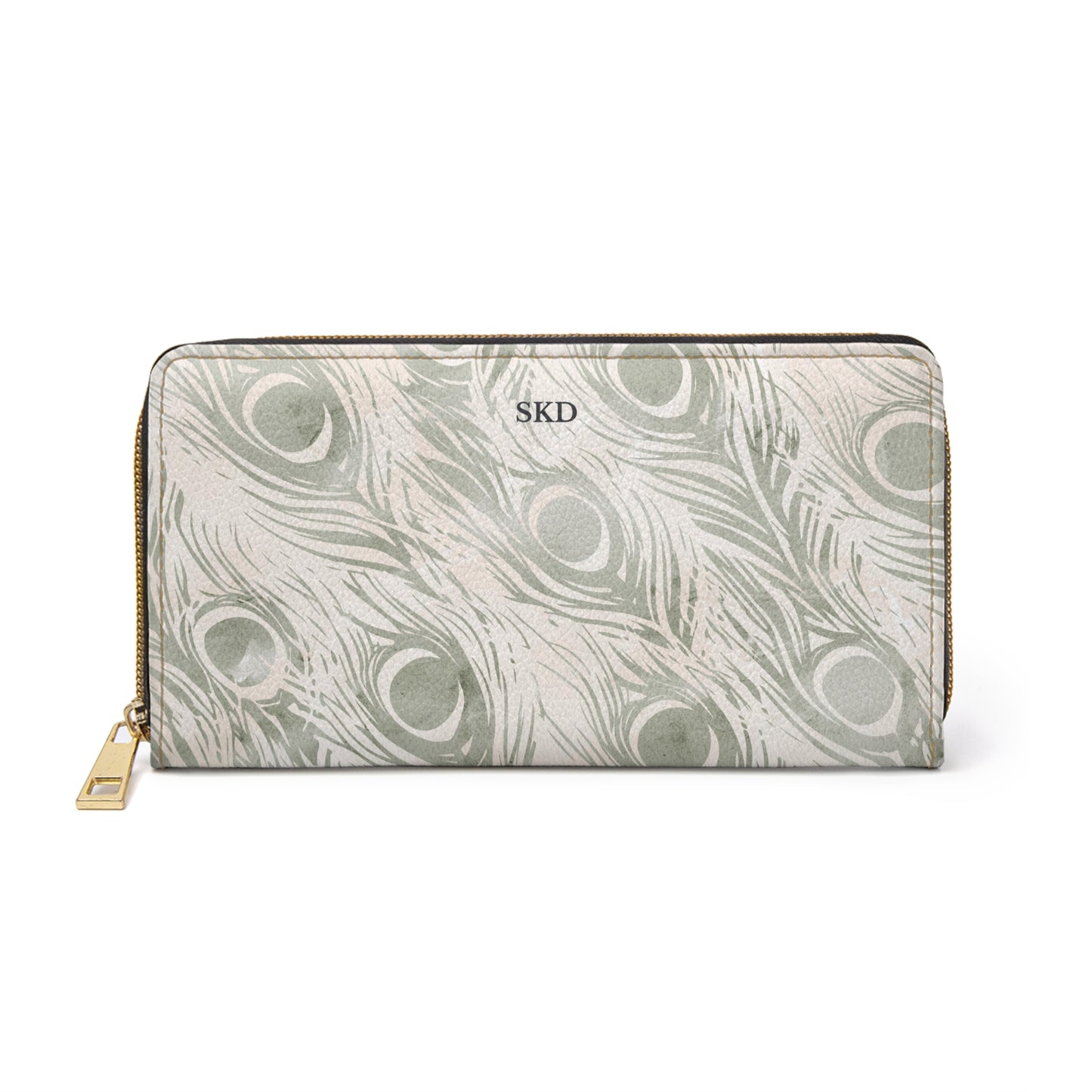 Vault Exclusive: Snowy Plume | Sage & Cream Peacock Feather-Patterned Zipper Wallet | Pristine Beauty for Winter & Bridal Occasions