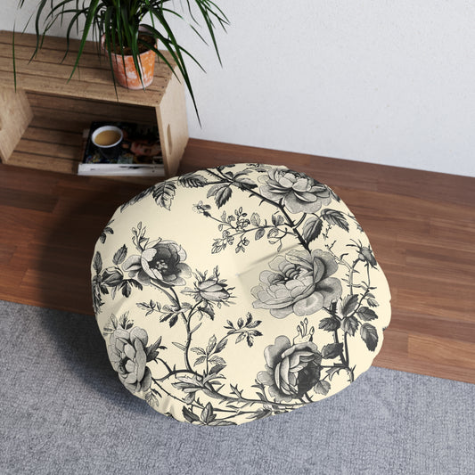 Eternal Bloom | Black & Ivory Floral Tufted Round Pillow | Timeless Romance in Monochrome Elegance