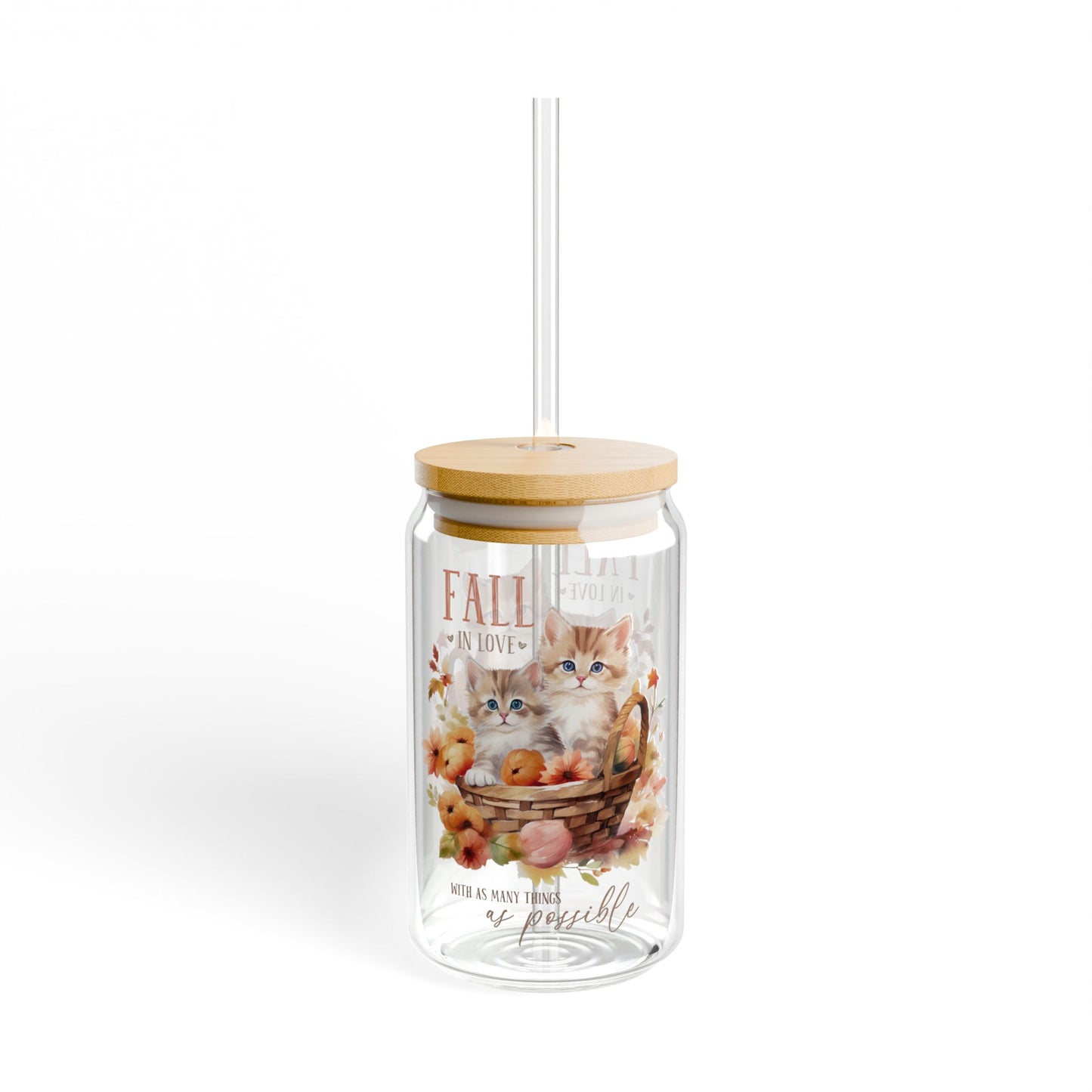 'Fall In Love With As Many Things As Possible' | 16oz Custom Sipper Glass with Bamboo Lid & Straw – Perfect for Sweet Treats and Family Parties
