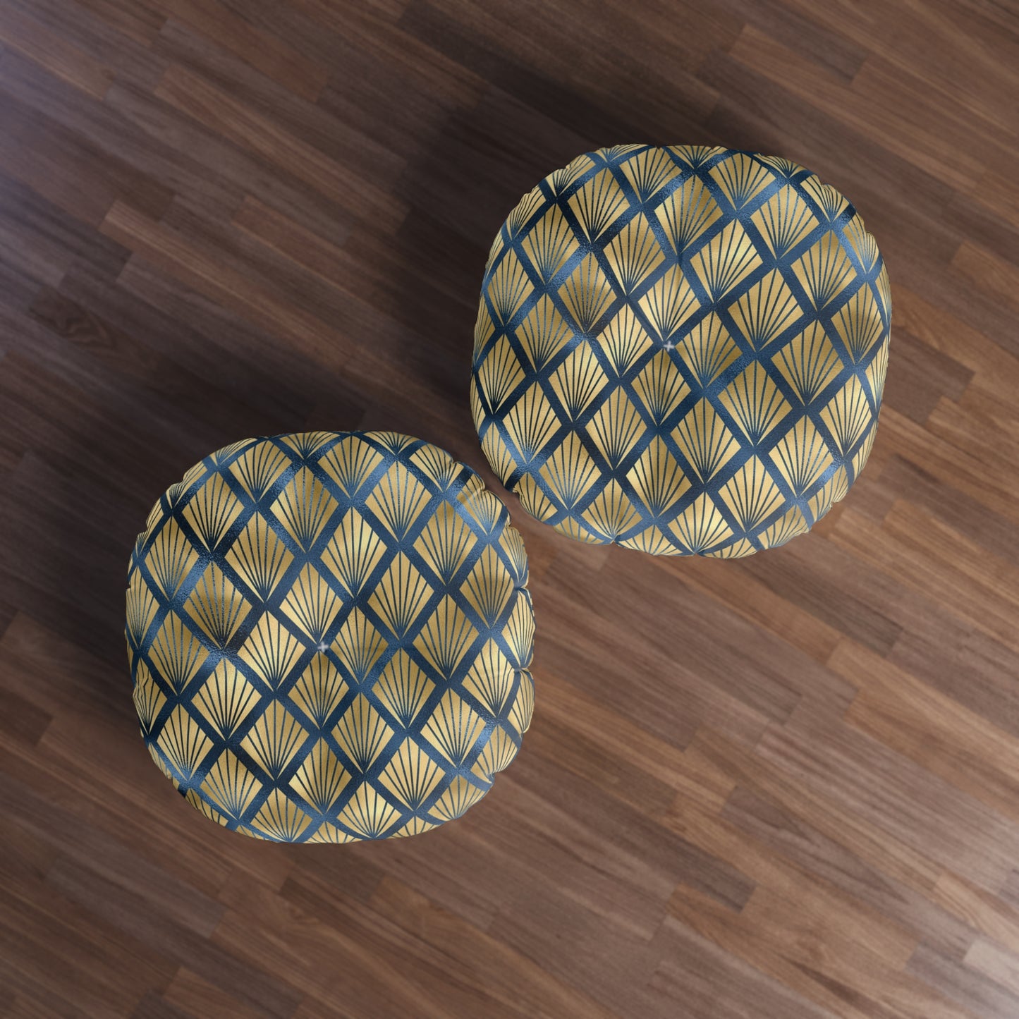 Art Deco Elegance | Gold & Blue Tufted Round Pillow | Timeless Glamour with Geometric Luxe Design