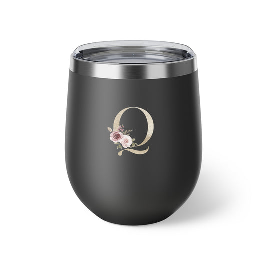 Letter Q - Personalized Elegant Pink Rose Copper Vacuum Insulated Cup, 12 oz – Perfect for Weddings