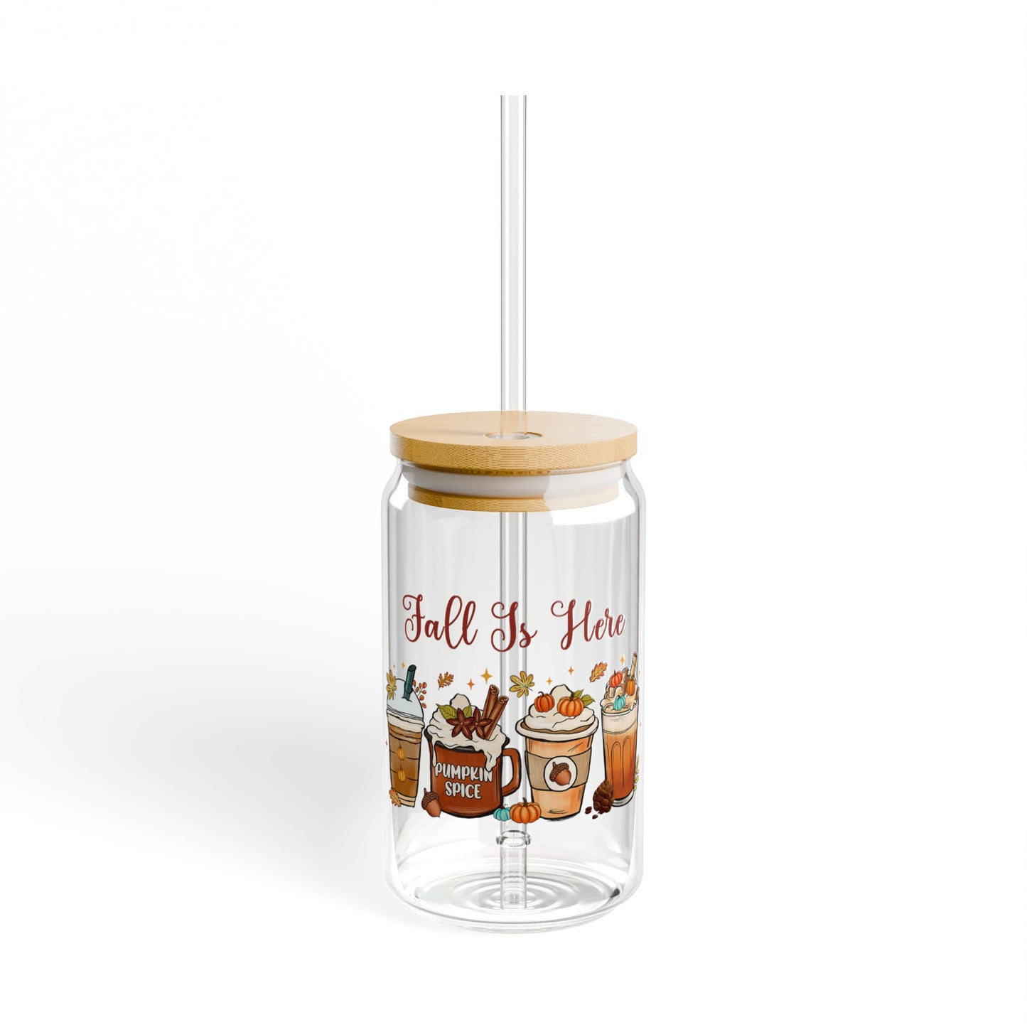 'Fall Is Here' | 16oz Custom Sipper Glass with Bamboo Lid & Straw – Perfect for Sweet Treats and Family Parties