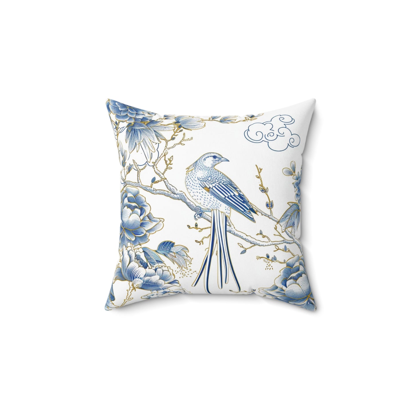 Blue and Gold Bird Chinoiserie | Custom Spun Polyester Square Pillow | Stylish Double-Sided Home Décor Accent for a Personalized Touch