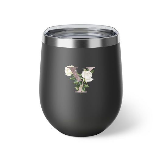 Letter Y - Personalized Romantic White Rose Copper Vacuum Insulated Cup, 12 oz – Perfect for Weddings