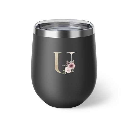 Letter U - Personalized Elegant Pink Rose Copper Vacuum Insulated Cup, 12 oz – Perfect for Weddings