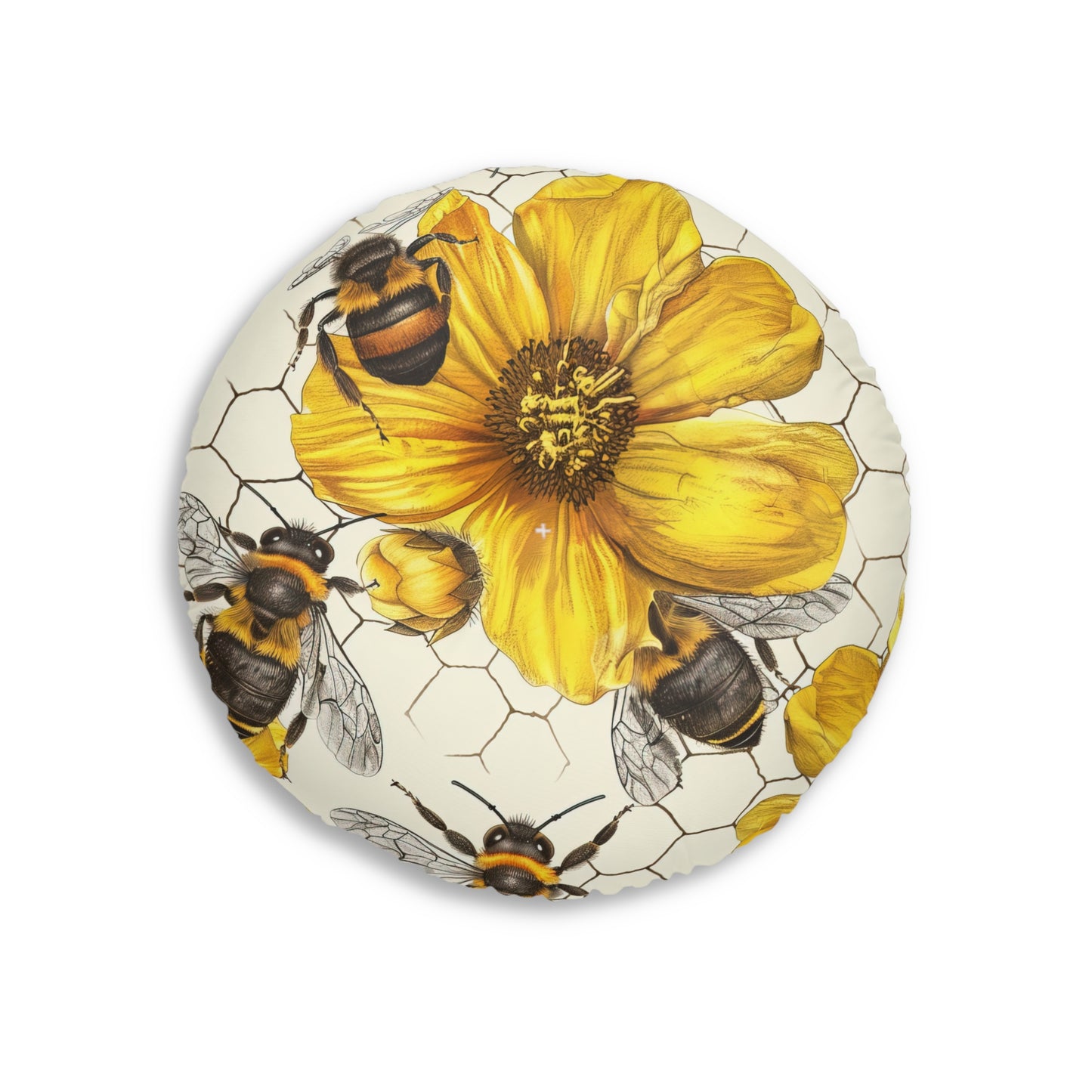Golden Honeybee Round Tufted Floor Pillow | Nature-Inspired Elegance Meets Plush Comfort