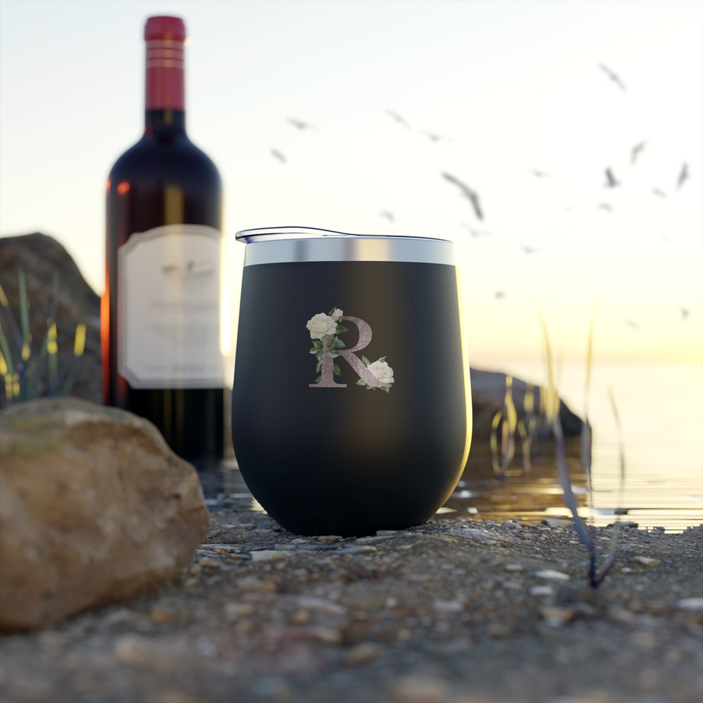 Letter R - Personalized Romantic White Rose Copper Vacuum Insulated Cup, 12 oz – Perfect for Weddings