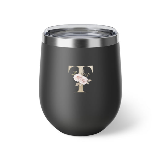 Letter T - Personalized Elegant Pink Rose Copper Vacuum Insulated Cup, 12 oz – Perfect for Weddings