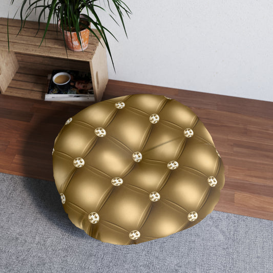 Gilded Royale | Golden Tufted Round Pillow with Jewel Accents | Opulent Statement for Luxurious Interiors
