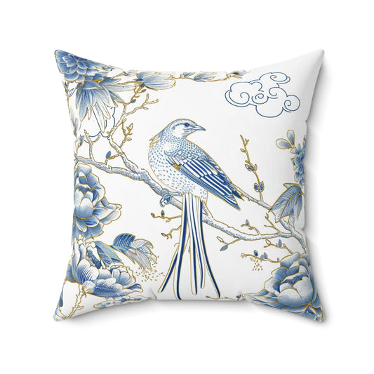 Blue and Gold Bird Chinoiserie | Custom Spun Polyester Square Pillow | Stylish Double-Sided Home Décor Accent for a Personalized Touch