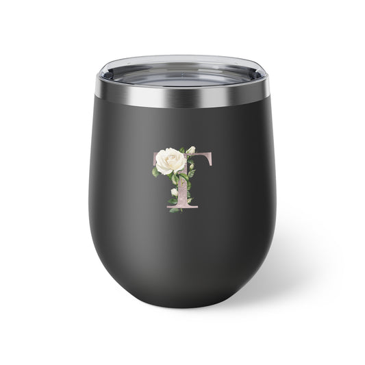 Letter T - Personalized Romantic White Rose Copper Vacuum Insulated Cup, 12 oz – Perfect for Weddings