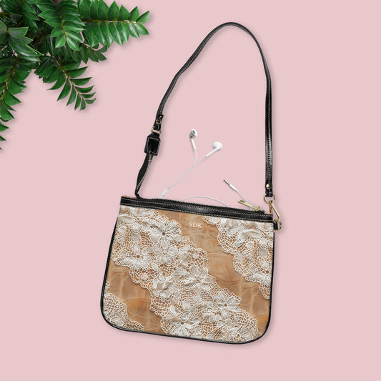 Core Collection: Demure Elegance | Soft Lace & Beige Smooth Faux Leather Small Shoulder Bag | Understated Luxury for Graceful Women