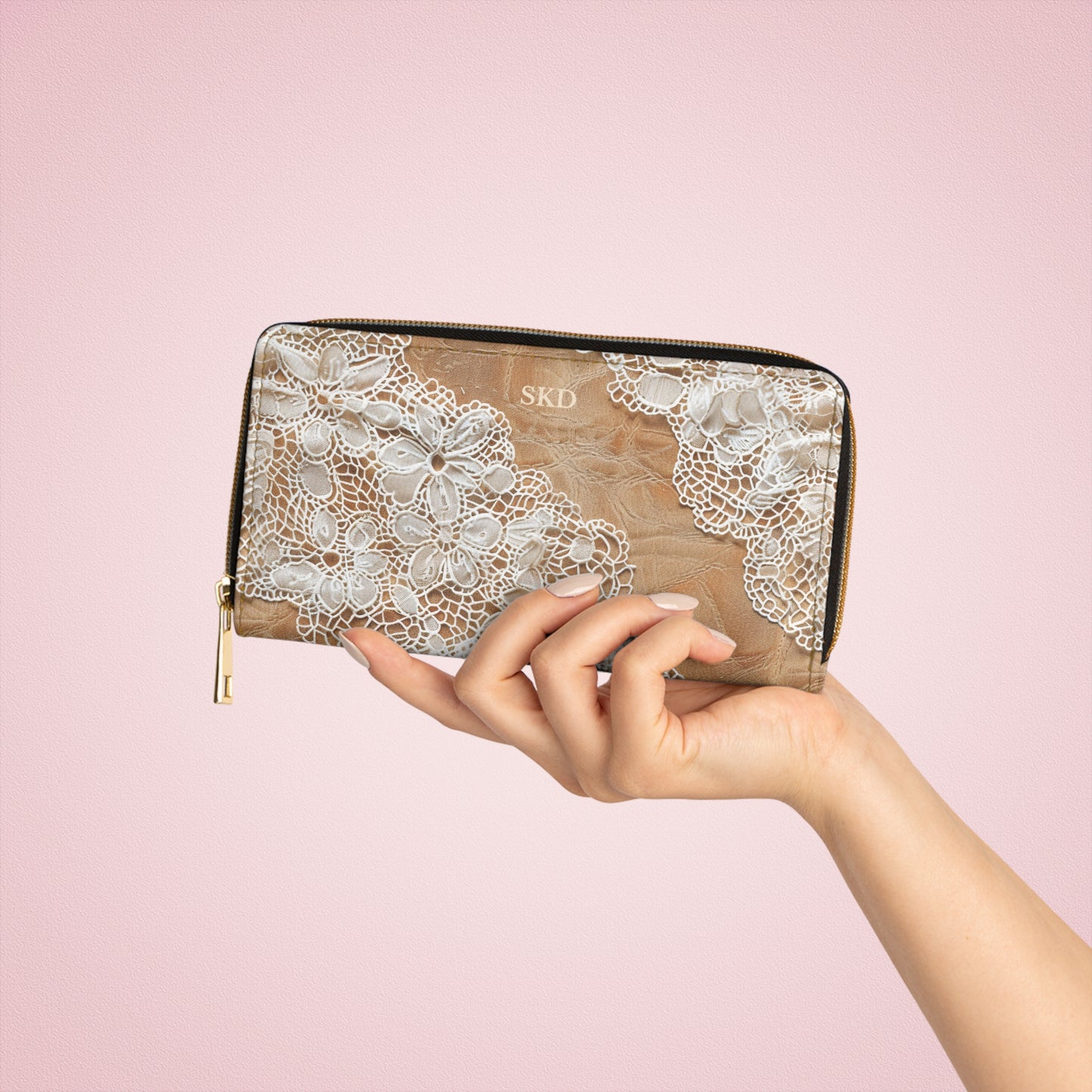 Core Collection: Demure Elegance | Soft Lace & Beige Smooth Faux Leather Zipper Wallet | Stylish & Practical Gift for Sophisticated Ladies