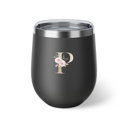 Letter P - Personalized Elegant Pink Rose Copper Vacuum Insulated Cup, 12 oz – Perfect for Weddings
