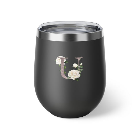 Letter U - Personalized Romantic White Rose Copper Vacuum Insulated Cup, 12 oz – Perfect for Weddings