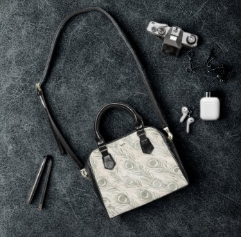 Vault Exclusive: Snowy Plume | White Feather Peacock Patterned Shoulder Bag | Pristine Beauty for Winter & Bridal Occasions