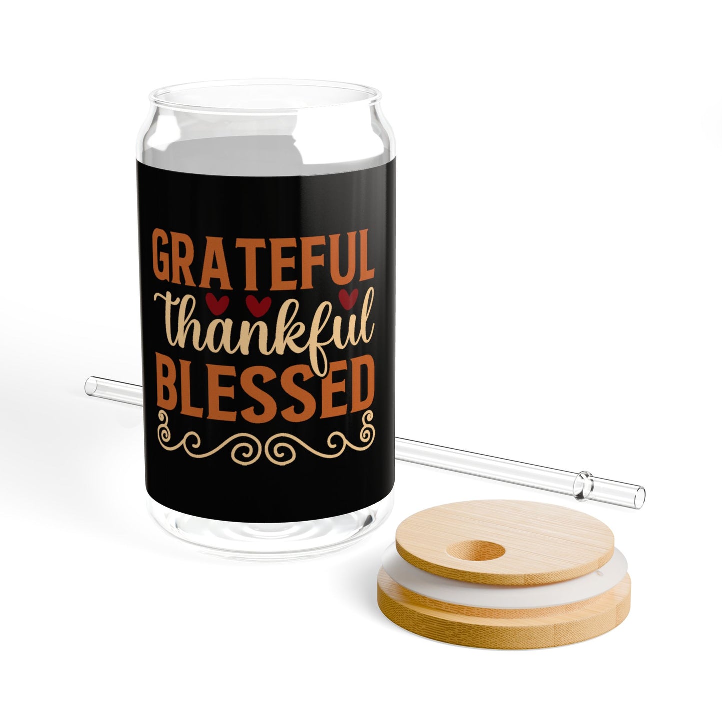 "Grateful Thankful Blessed" | 16oz Custom Sipper Glass with Bamboo Lid & Straw – Perfect for Sweet Treats and Family Parties
