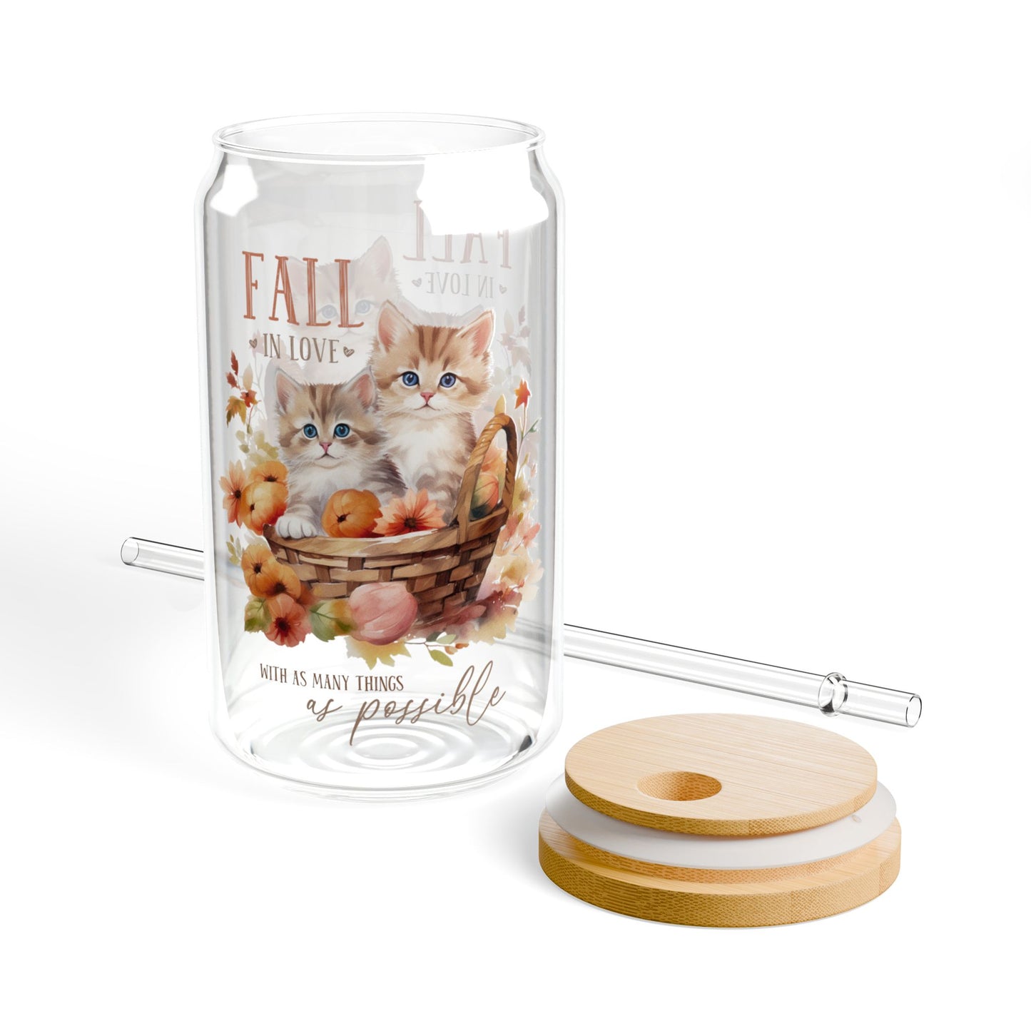 'Fall In Love With As Many Things As Possible' | 16oz Custom Sipper Glass with Bamboo Lid & Straw – Perfect for Sweet Treats and Family Parties