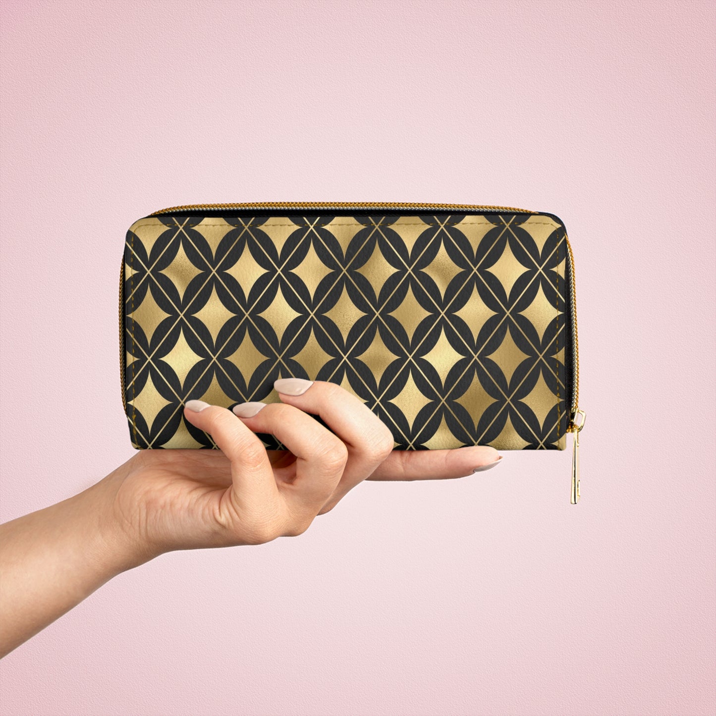 Vault Exclusive: Prestige Legacy | Black & Gold Diamond Pattern Zipper Wallet | Luxurious & Enduring Gift for Ladies