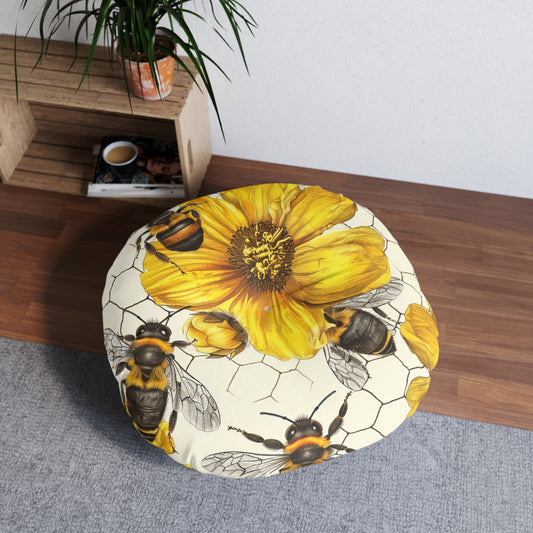 Golden Honeybee Round Tufted Floor Pillow | Nature-Inspired Elegance Meets Plush Comfort