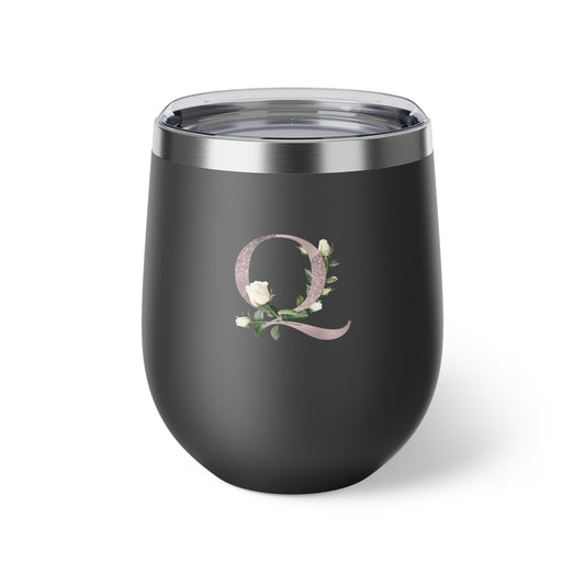 Letter Q - Personalized Romantic White Rose Copper Vacuum Insulated Cup, 12 oz – Perfect for Weddings