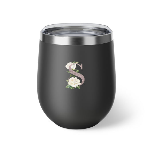Letter S - Personalized Romantic White Rose Copper Vacuum Insulated Cup, 12 oz – Perfect for Weddings