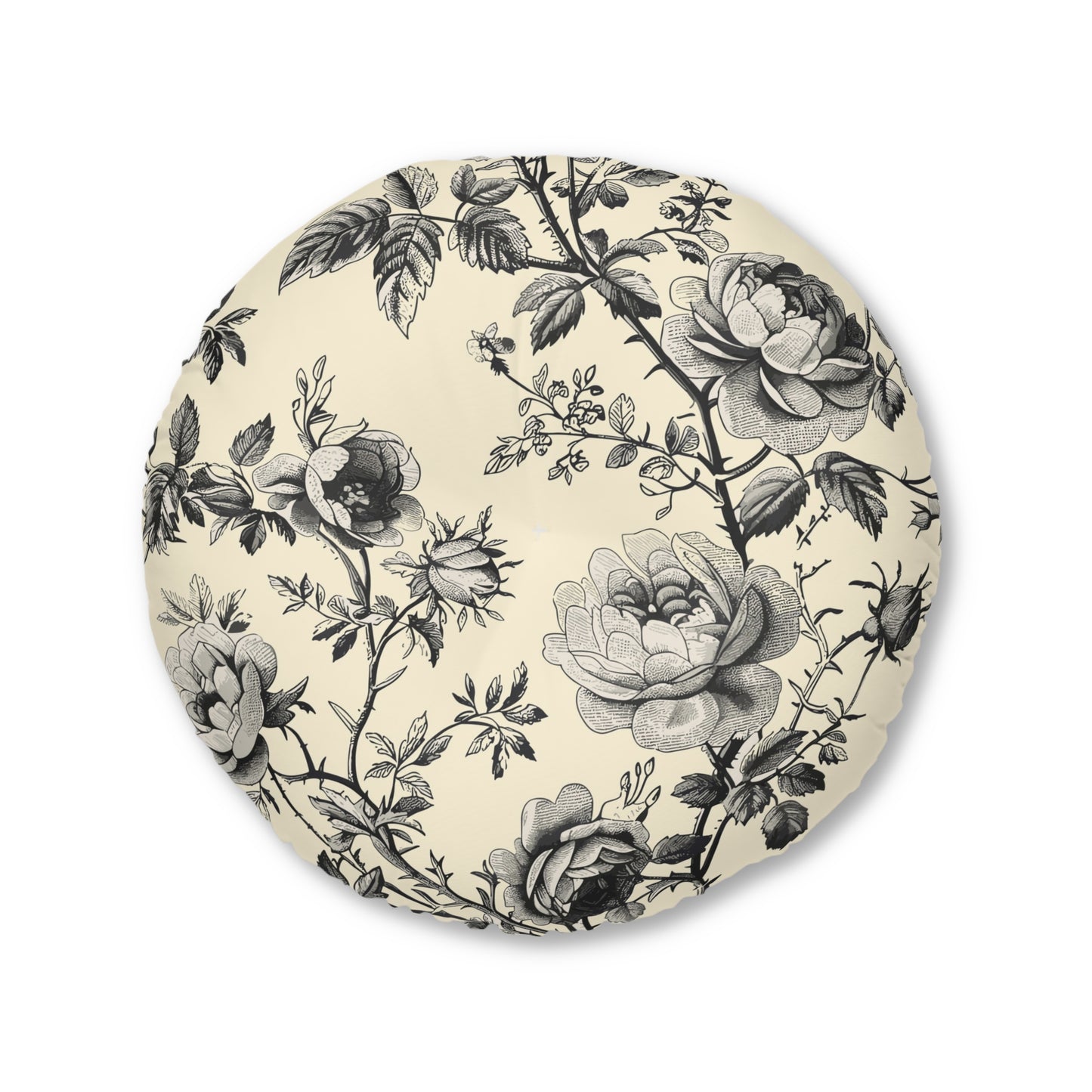 Eternal Bloom | Black & Ivory Floral Tufted Round Pillow | Timeless Romance in Monochrome Elegance