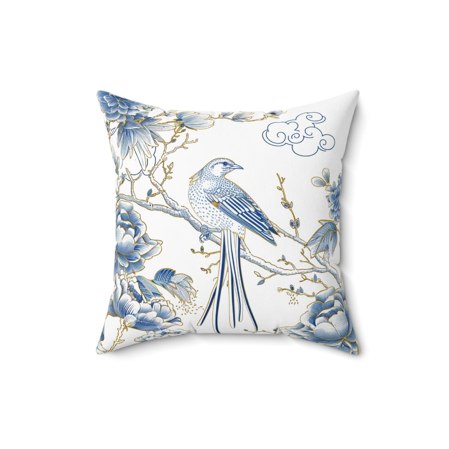 Blue and Gold Bird Chinoiserie | Custom Spun Polyester Square Pillow | Stylish Double-Sided Home Décor Accent for a Personalized Touch