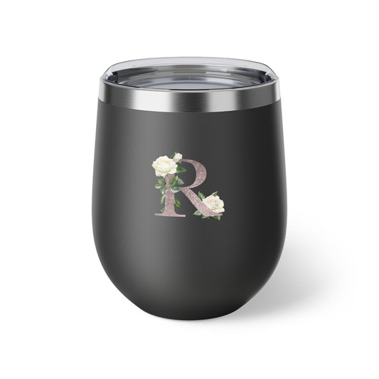 Letter R - Personalized Romantic White Rose Copper Vacuum Insulated Cup, 12 oz – Perfect for Weddings